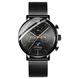Men’s Sport Watch Automatic Mechanical Stainless Steel Band Alloy Case 10m Water Resistant Mineral Glass Dial Folding