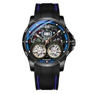 Men’s Sports Double Tourbillon Automatic Watch, Stainless Steel Case, Mechanical Calendar, Waterproof