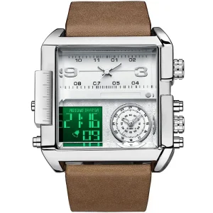 Men’s Sports Watch Digital Quartz Movement 3 Bar Waterproof Square Case Leather Strap Crystal Dial Antique Design