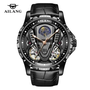 Men’s Sports Watch Double Tourbillon Automatic Stainless Steel Case Leather Strap Waterproof 3ATM