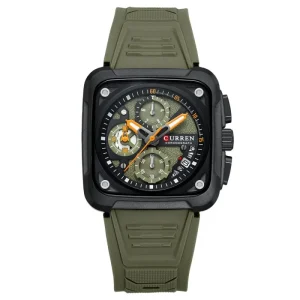 Men’s Sports Watch Green Square Dial Waterproof Calendar Silicone Strap