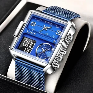 Men’s Sports Watch Square Dial Analog Quartz Wrist Watch Multi-Time Zone Waterproof Stopwatch