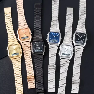 Men’s Square Alloy Stainless Steel Strap Analog Digital Watch Stopwatch Alarm Shock Water Resistant Business Sport Style 22mm