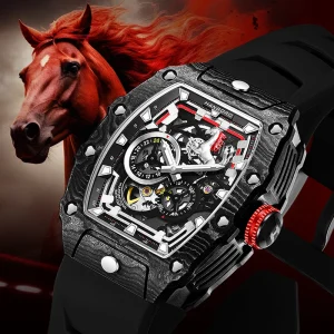 Men’s Square Racing Series Carbon Fiber Mechanical Watch 5BAR Water Resistant Fashion Luxury Pointer Multi