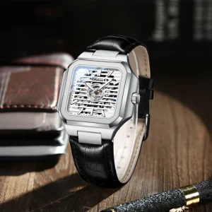 Men’s Square Stainless Steel Automatic Watch Luxury Fashion Business Skeleton Mechanical Wristwatch