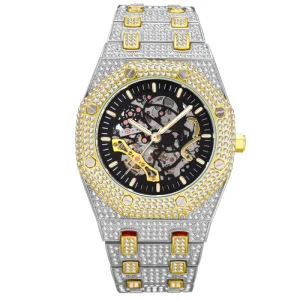 Men’s Square Stainless Steel Mechanical Watch Full Diamond Hollow Design Waterproof Luminous 22mm Factory Direct
