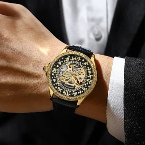 Men’s Stainless Steel Band Mechanical Watch Hollow Leather Automatic Waterproof Fashion Watch for Men