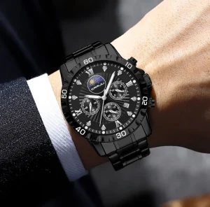 Men’s Stainless Steel Chronograph Watch Analog Quartz Watch Fashion Waterproof Date Diamond Roman Arabic Numerals Dial Dress