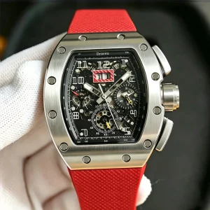 Men’s Stainless Steel Flyback Chronograph Watch Big Date Tonneau Case Red Rubber Strap Automatic Sport Wristwatch