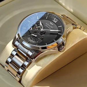Men’s Stainless Steel Mechanical Automatic Skeleton Analog Watch Waterproof 3Bar Water Resistant Fashion