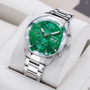 Men’s Stainless Steel Mechanical Watch Multifunctional Classic Automatic Wristwatch Green Dial Calendar Luminous 22mm