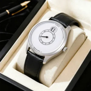 Men’s Stainless Steel Quartz Watch 43mm Jump Hour Japan Movement Brass Dial Genuine Leather Strap 5ATM Waterproof