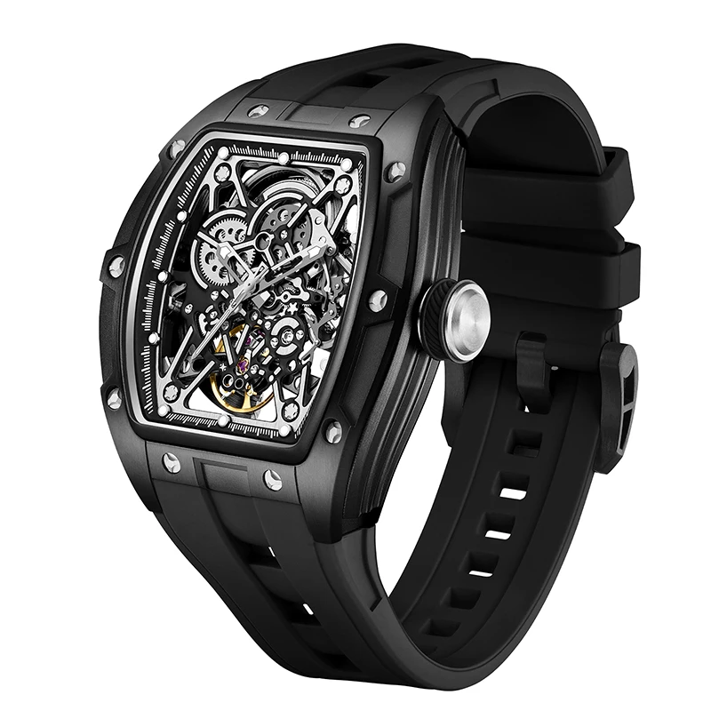 Men’s Stainless Steel Shell Hollow Design Flywheel Mechanical Watch Luminous Waterproof Watch 91983