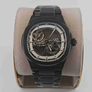 Men’s Stainless Steel Skeleton Mechanical Chronograph Watch with Diamond Markers for Business