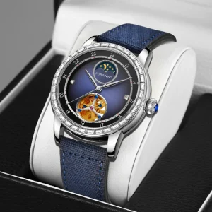 Men’s Stainless Steel Skeleton Watch Oval Shape 22mm Band Automatic Mechanical Sport Wristwatch