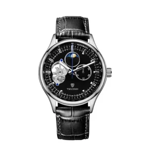 Mens Stainless Steel Watch 42mm Leather Strap Automatic Mechanical Water Resistant 30m Sports Analog