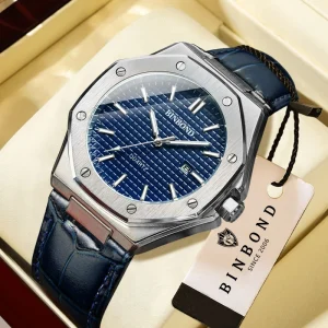 Mens Stainless Steel Waterproof Leather Strap Quartz Watch