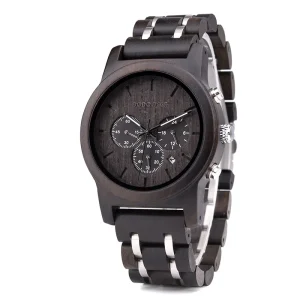 Men’s Stainless Steel Wood Watch Calendar Chronograph OEM Customizable Logo Gift Box Quartz Movement Pointer Dial