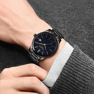 Men’s Starry Sky Dial Watch Black Stainless Steel Band Casual Quartz Wristwatch with Date Display
