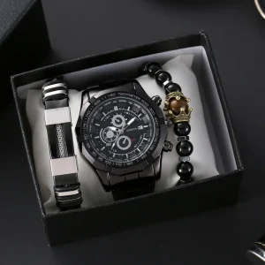 Men’s Steel Strap Watch Bracelet Three Piece Set Box Souvenir Father’s Day Thanksgiving Christmas Valentine’s Day Gift Set