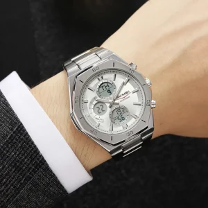 Men’s Steel Strap Zinc Alloy Case Hidden Clasp Watch Dual Movement Luminous Multifunction Chronograph