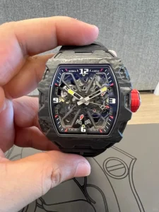 Men’s Tonneau Mechanical Watch Carbon Fiber Case Sapphire Crystal Rubber Strap Power Reserve