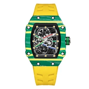 Mens Tonneau Quartz Watch Skeleton Dial Luminous Waterproof Silicone Strap Sport Watch