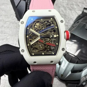 Men’s Ultra Thin Skeleton Automatic Watch, Carbon Fiber Tonneau Shaped Case, Luxury Sports Mechanical Wristwatch