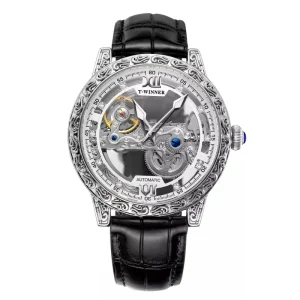 Men’s Vintage Engraved Skeleton Automatic Watch Hollow Mechanical Dial Black Leather Strap Luxury Dress Wristwatch
