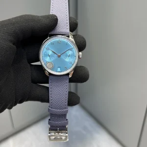 Men’s Vintage Style Watch Light Blue Dial Dual Power Reserve Grey Grained Leather Waterproof Mechanical Wristwatch