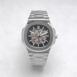 Men’s Watch 41mm Stainless Steel Case Black Skeleton Analog Dial Sapphire Glass Mechanical Movement 3BAR Water Resistance Hidden