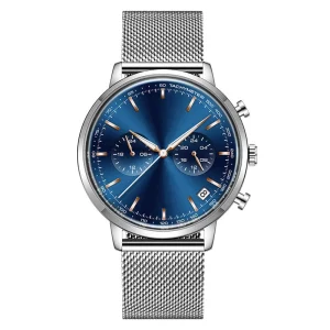 Men’s Watch 43mm Luxury Fashion Sleek Minimalist Quartz Analog Mesh Stainless Steel Waterproof Chronograph Watch