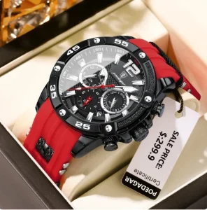 Men’s Watch Black Multifunction Quartz Watch 3ATM Waterproof Silicone Wristwatch Luminous Clock