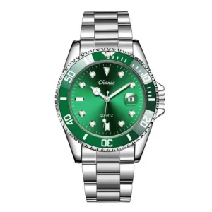 Mens Watch, Luxury Calendar Quartz Wristwatch, Green Dial