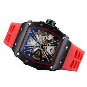Men’s Watch Red White Sports Waterproof Luminous Rubber Silicone Tonneau Automatic Watch Clock