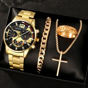 Men’s Watch Roman Numeral Quartz Wristwatch Cross Necklace Bracelet Ring Business Gift Set Custom Logo Trending Product