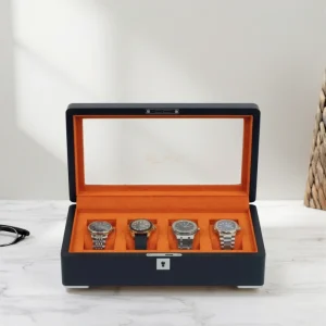 Men’s Watch Storage Box 4 Slots Black and Orange Wood