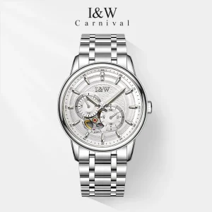 Mens Watch White Dial Skeleton Subdial Diamond Marker Multi Function Display Stainless Steel Band Mechanical Watch