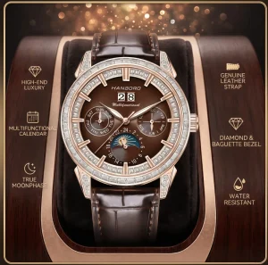 Men’s Watch with Moon Phase Day Month Rose Gold Tone with Diamond Accent Leather Strap for Business Meetings