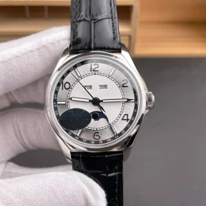 Men’s Watch with Panoramic Calendar Function Black Leather Strap for Daily Wear and Business Occasions