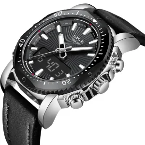 Mens Watches Digital Analog Quartz Watch Leather Waterproof Sport Clock
