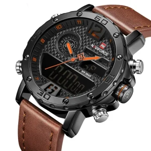 Mens Watches Top Luxury Brand Men Leather Sports Watches 9134 NAVIFORCE Men’s Dual time LED Digital Clock Waterproof Watch