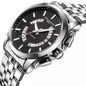 Men’s Water-Resistant Quartz Watch with Steel Band 40mm Dial Display Fashionable Calendar Feature Non-Mechanical