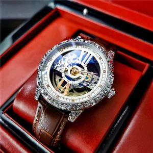 Men’s Waterproof Mechanical Watch with Genuine Leather Strap Luxury Fashion Business Skeleton Automatic Wristwatch