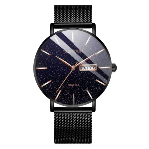 Men’s Waterproof Watch with Dual Calendar Trendy Starry Sky Quartz Watch Luminous