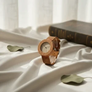 Men’s White Oak Wood Wristwatch with Leather Strap Quartz Watch