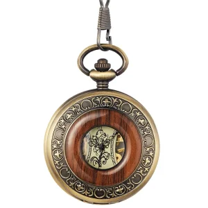 Mens Womens Watches Gift Bronze Fashion Automatic Skeleton Hollow Dial Mechanical Wooden Antique Pocket Watch
