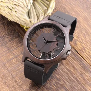 Men’s Wood Wristwatch Hollow Out Wooden Leather Watch Anniversary Wedding Gift for Him Father’s Day Groomsmen Bridesmaid Gift
