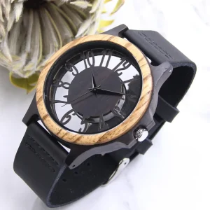 Men’s Wood Wristwatch Hollow Out Wooden Leather Watch Anniversary Wedding Gift for Him Father’s Day Groomsmen Bridesmaid Gift