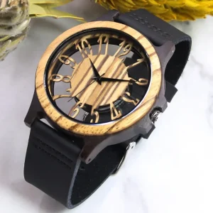 Men’s Wood Wristwatch Hollow Out Wooden Leather Watch Anniversary Wedding Gift for Him Father’s Day Groomsmen Gift